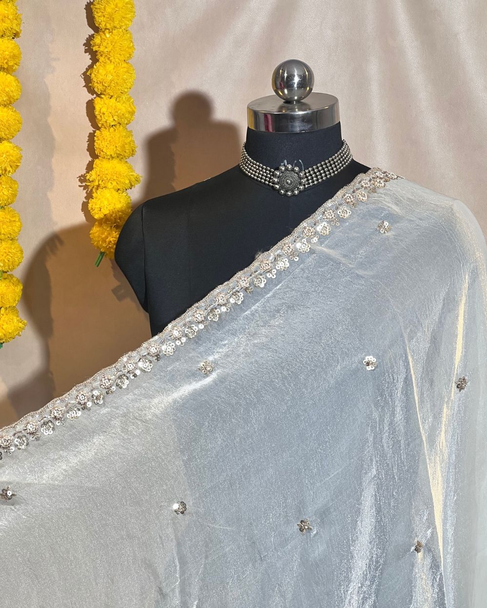 Space Silk Work Dupatta Fabric with Border Off White 38 Inches Width