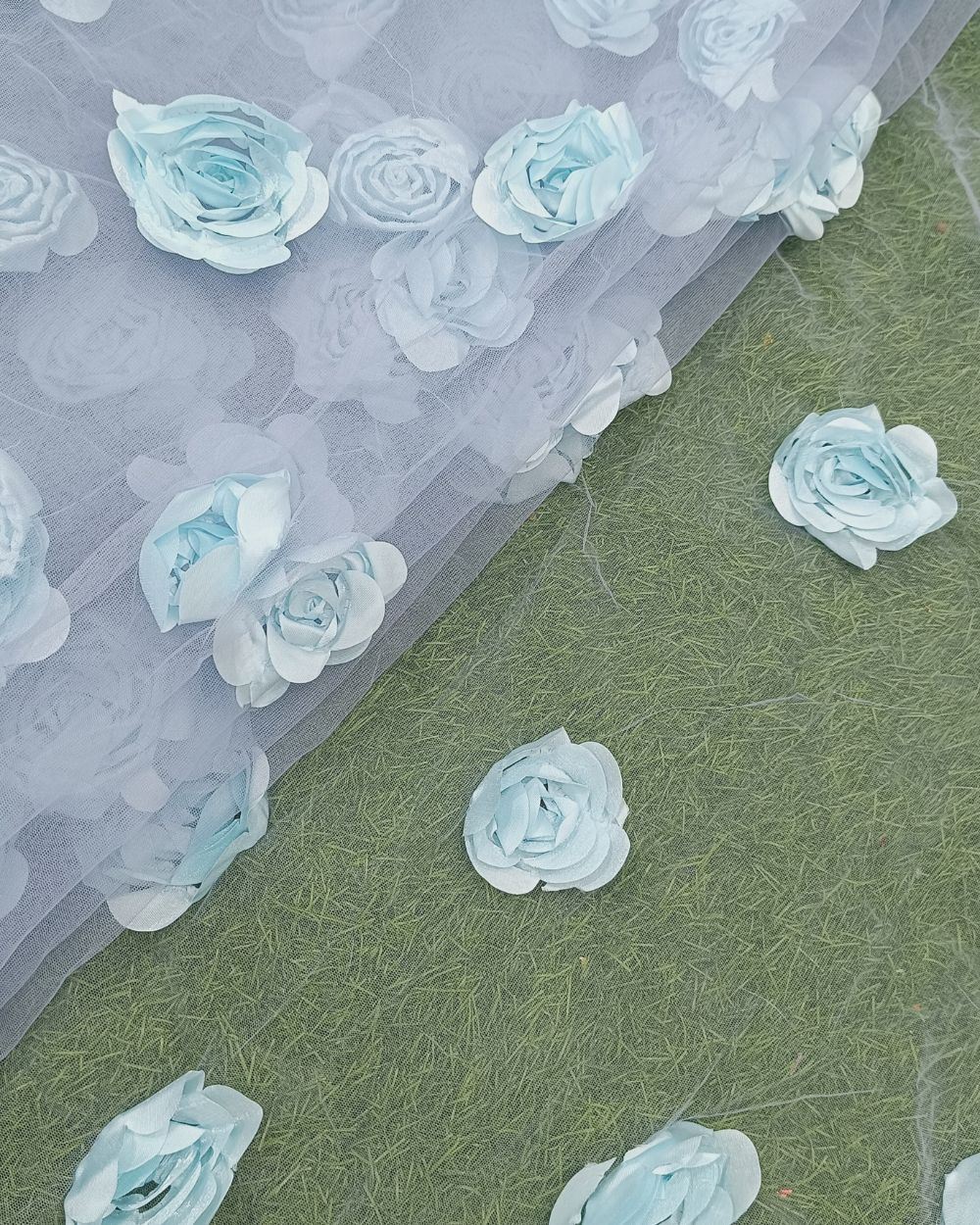 Imported 3D Flower Rosette Net Work Greyish Blue Colour 55 Inches Width