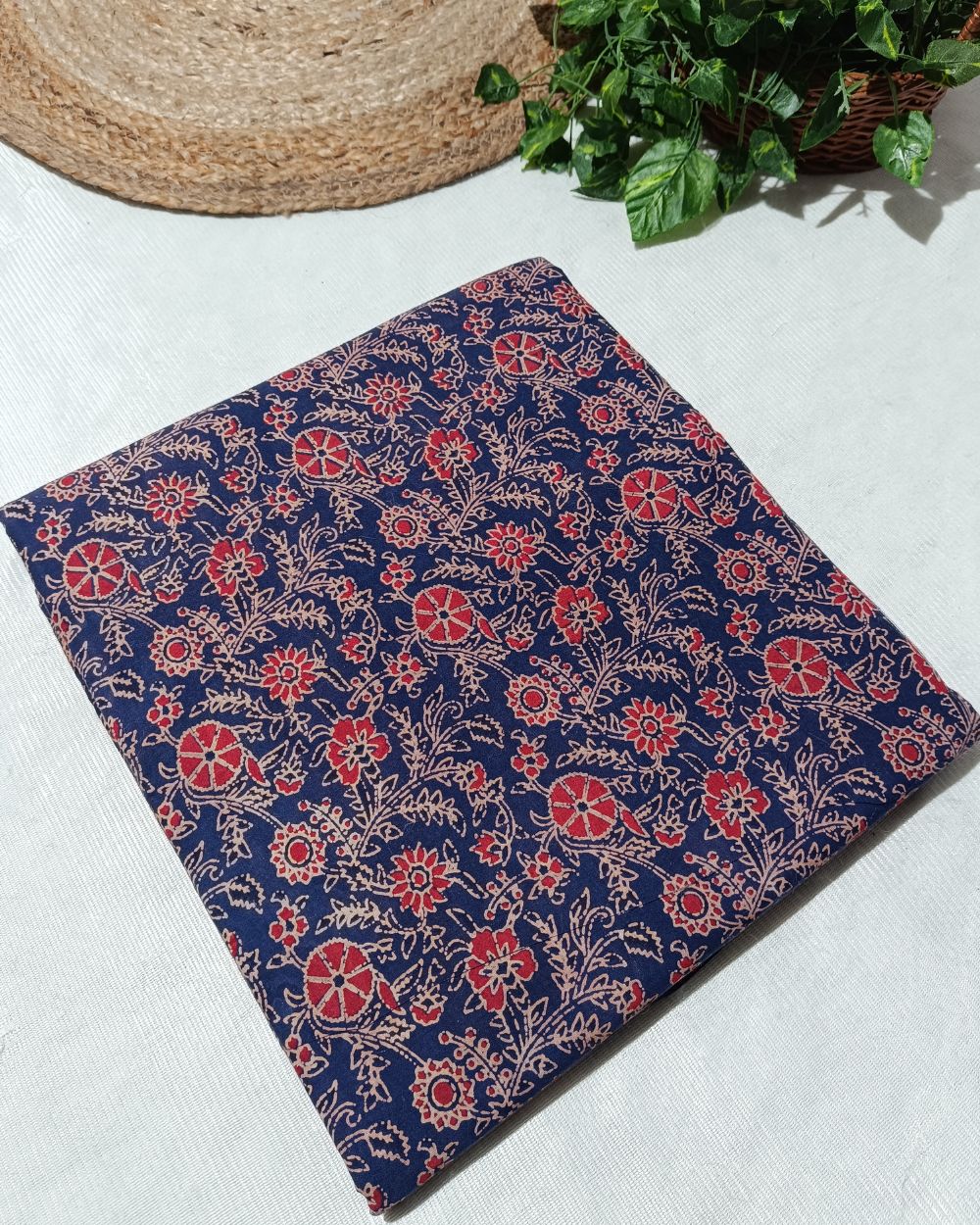 Ajrakh Cotton Natural Dye Block Printed Navy Blue Colour 42 Inches Width