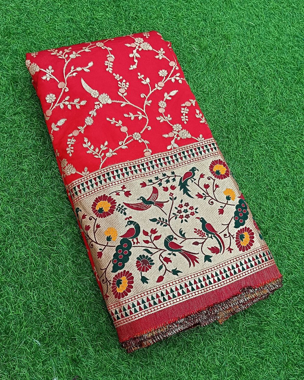 Chanderi Work with Paithani Border Red Colour 41 Inches Width