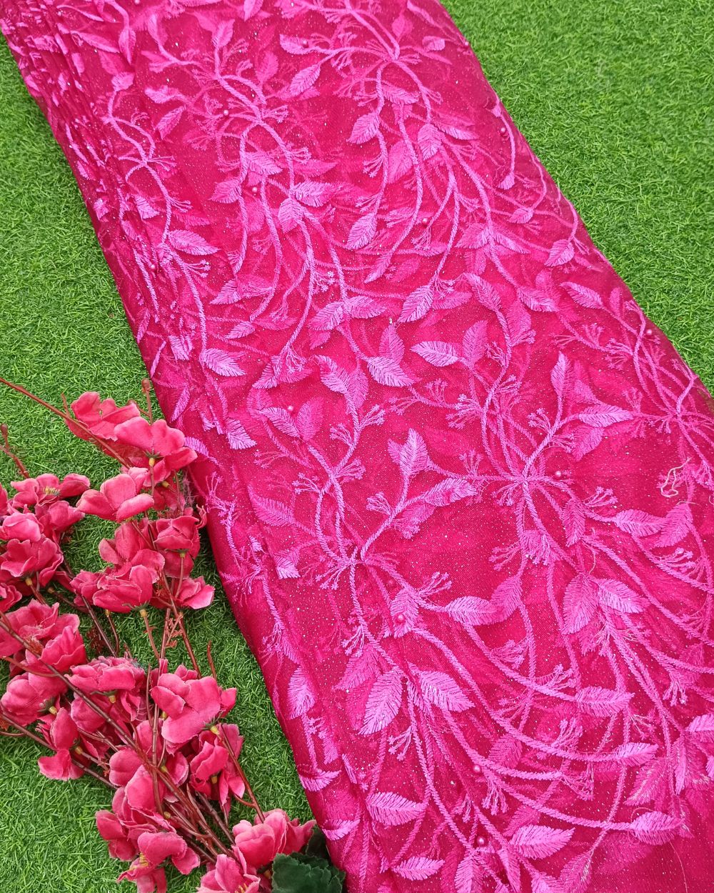 Moti Net Work Rani Pink Colour 42 Inches Width