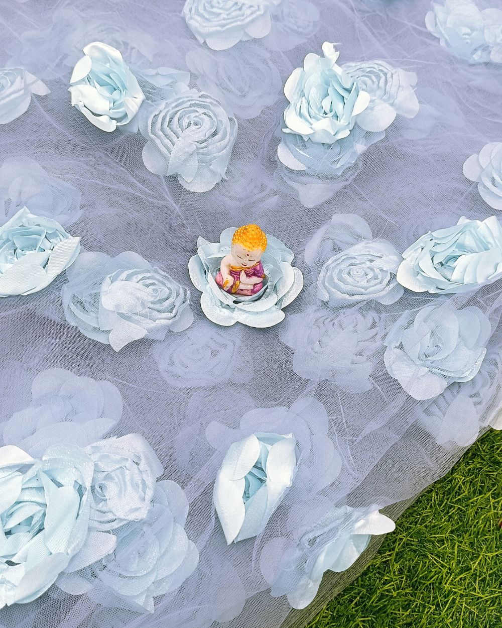 Imported 3D Flower Rosette Net Work Greyish Blue Colour 55 Inches Width