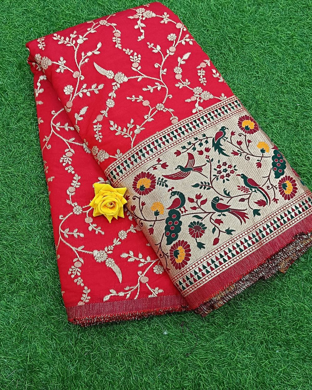 Chanderi Work with Paithani Border Red Colour 41 Inches Width