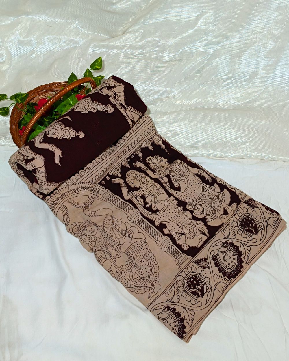 Hand Block Printed Cotton Kalamkari Dark Brown Colour 46 Inches Width