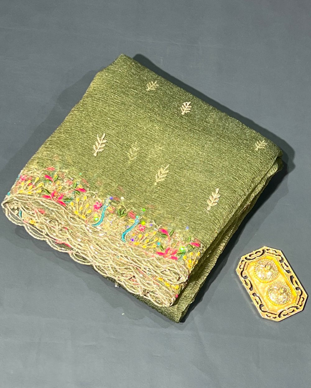 Premium Organza Crush Work Dupatta Fabric Dusty Green Colour 38 Inches Width