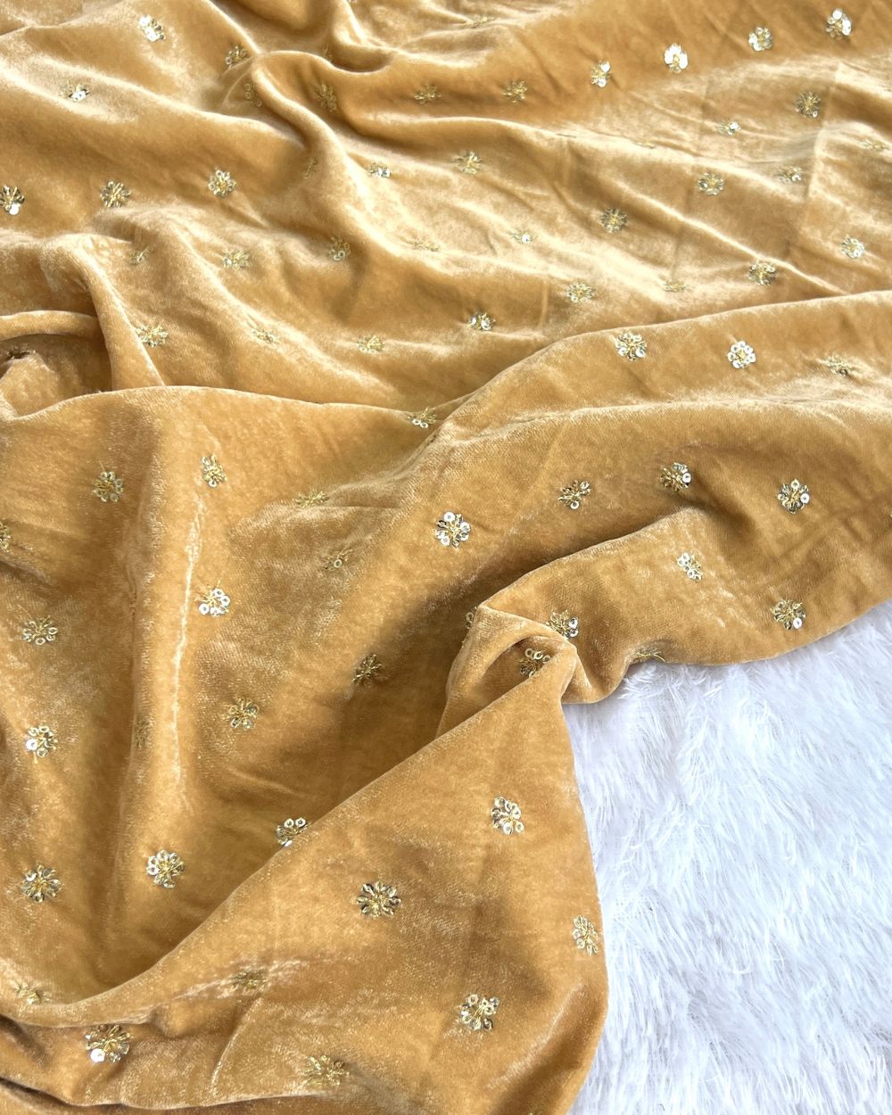Premium Velvet Butti Work Golden Colour 44 Inches Width