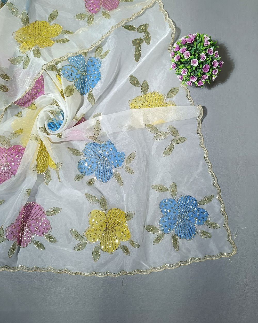 Premium Pure Soft Organza Work Dupatta White Colour 39 Inches Width