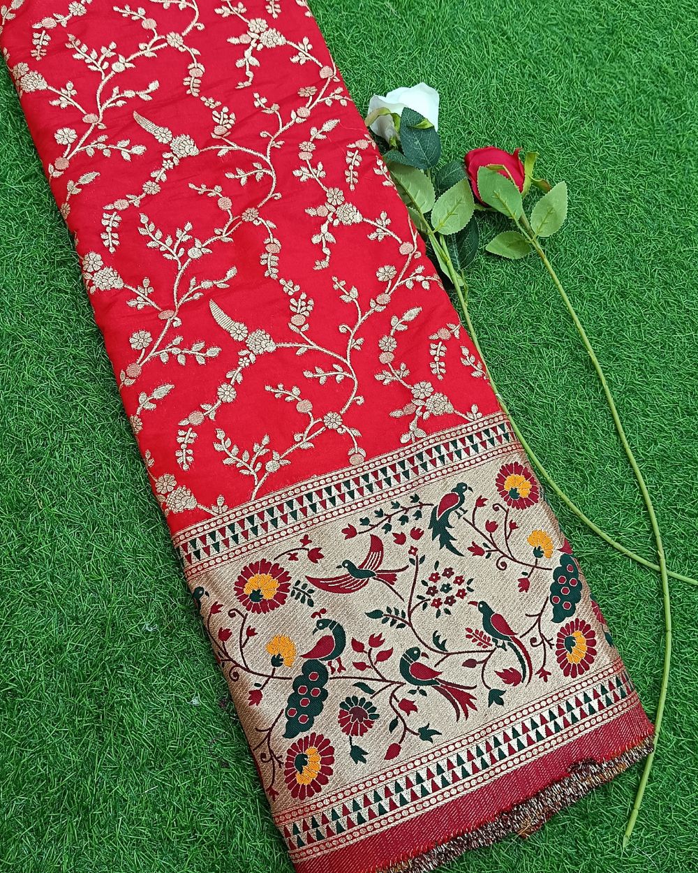 Chanderi Work with Paithani Border Red Colour 41 Inches Width