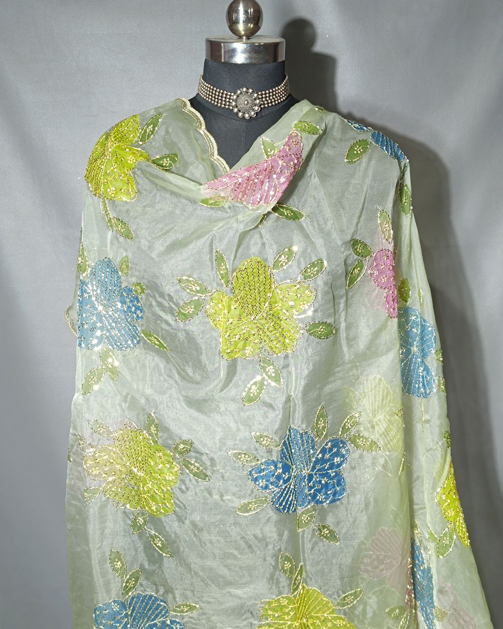 Premium Pure Soft Organza Work Dupatta Pastel Pista Colour 39 Inches Width