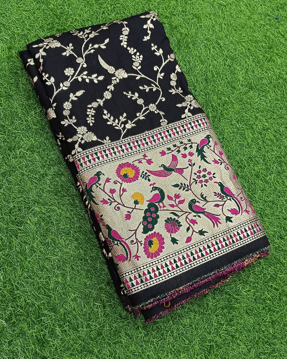 Chanderi Work with Paithani Border Black Colour 41 Inches Width