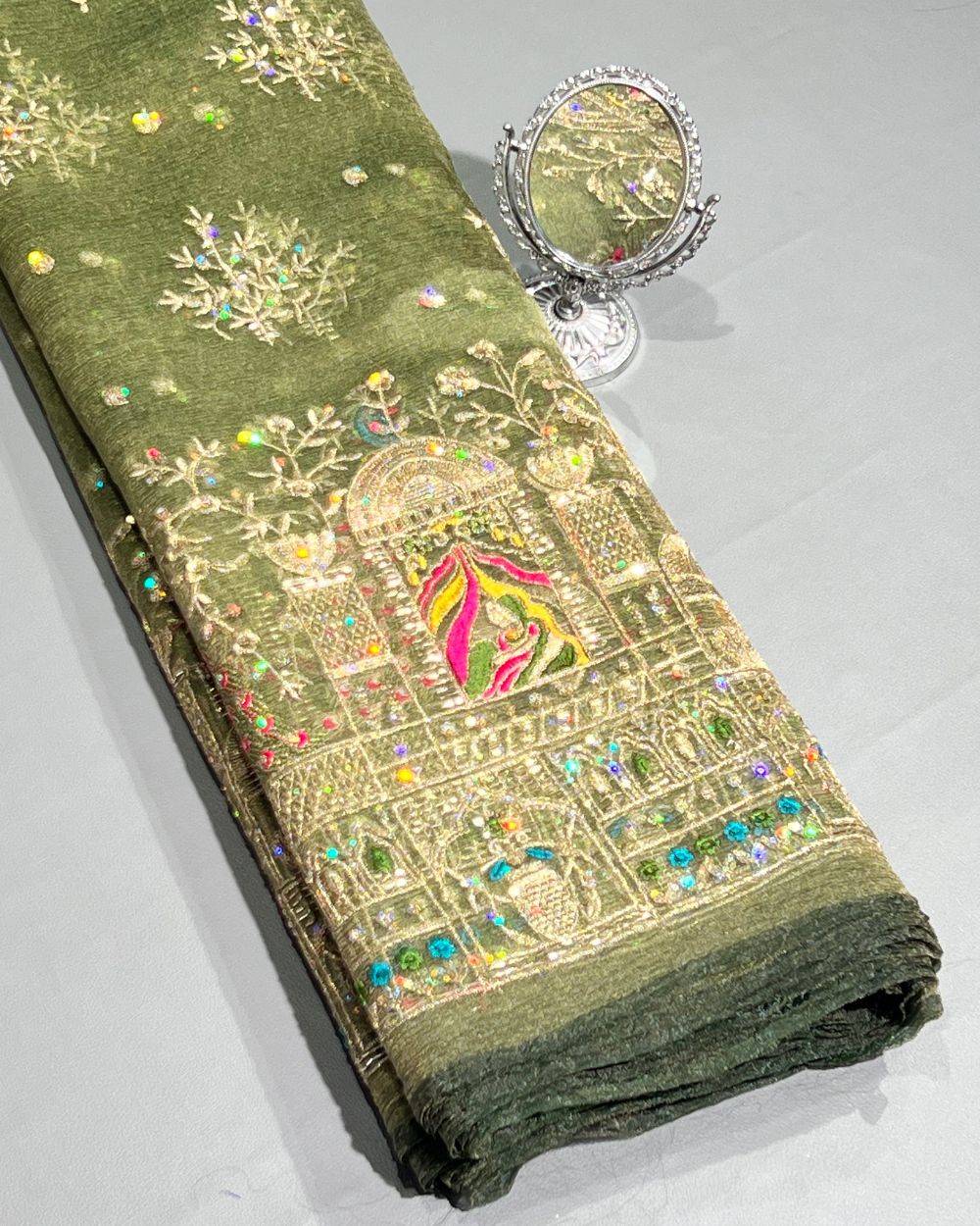 Premium Organza Crush Work Dusty Green Colour 42 Inches Width