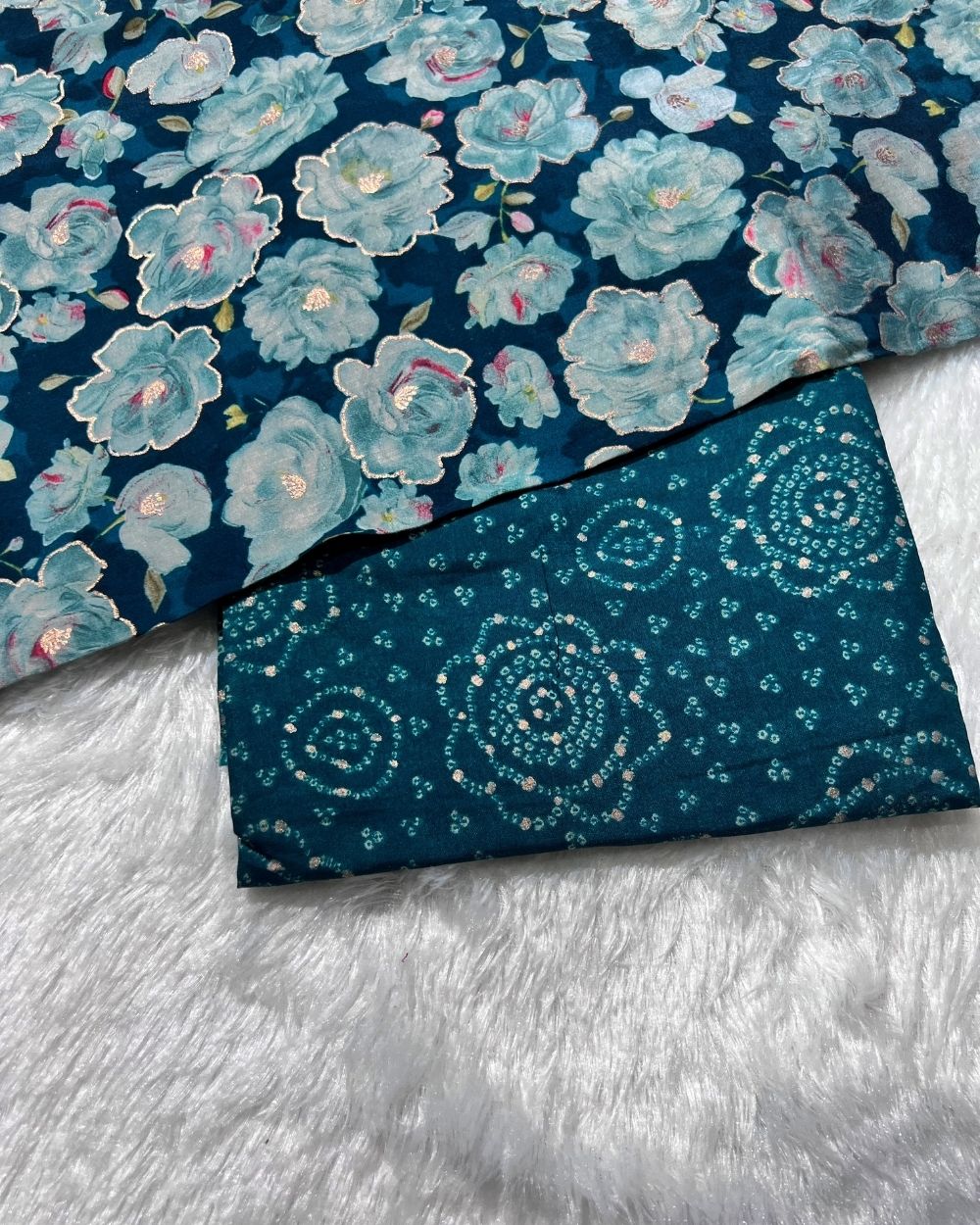 Printed Muslin Unstitched Top (2.40 mtr) & Bottom (2.20 mtr) Set Peacock Blue Colour 42 Inches Width