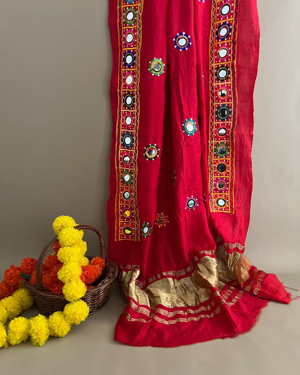 Abla Work Dupatta Cotton Silk Red Colour 42 Inches Width