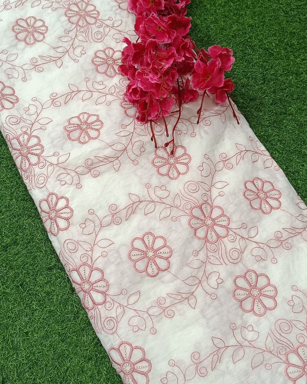 Kora Cotton Moti Work Peach Pink Colour 45 Inches Width