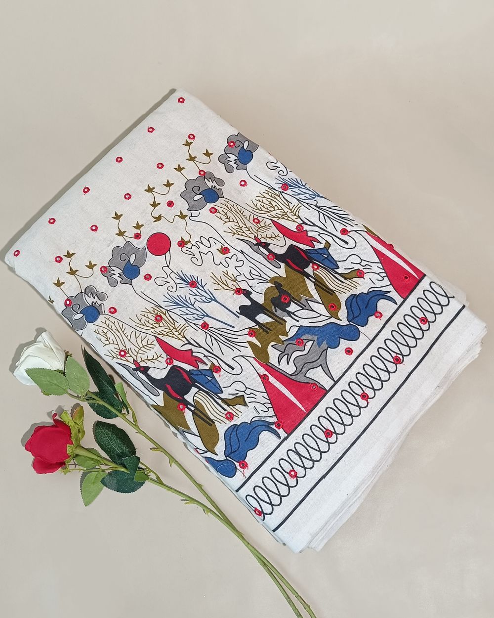 Khadi Cotton Abla Work with Border Multicolor 42 Inches Width