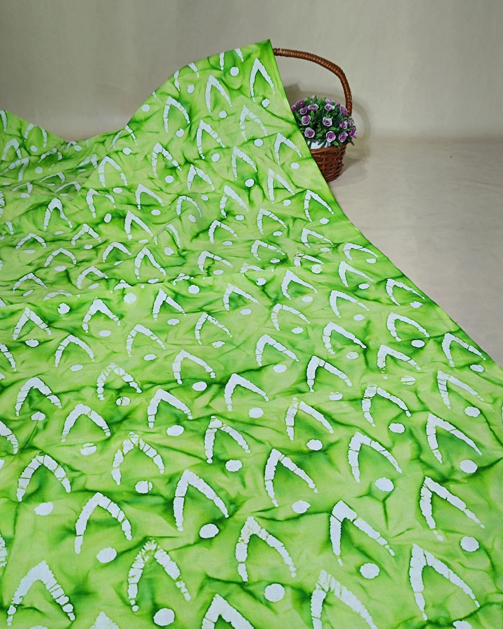 Cotton Hand Blocked Wax Batik Print Parrot Green Colour 44 Inches Width