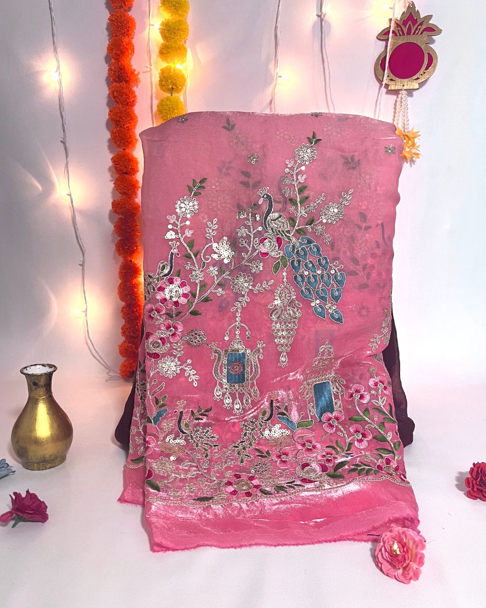 Shaded  Space Silk with Border Work Peach Pink Colour 46 Inches Width