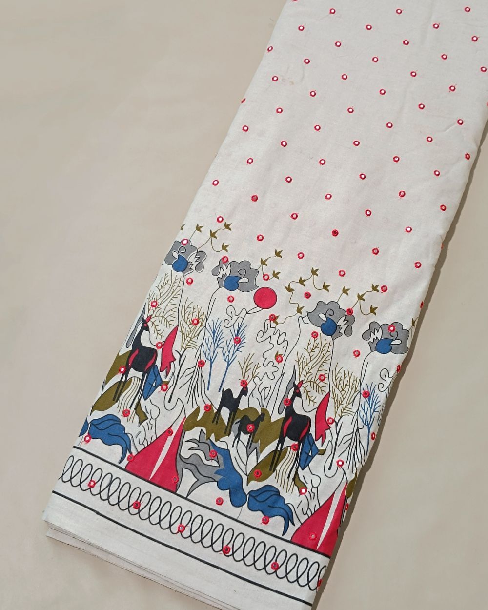 Khadi Cotton Abla Work with Border Multicolor 42 Inches Width
