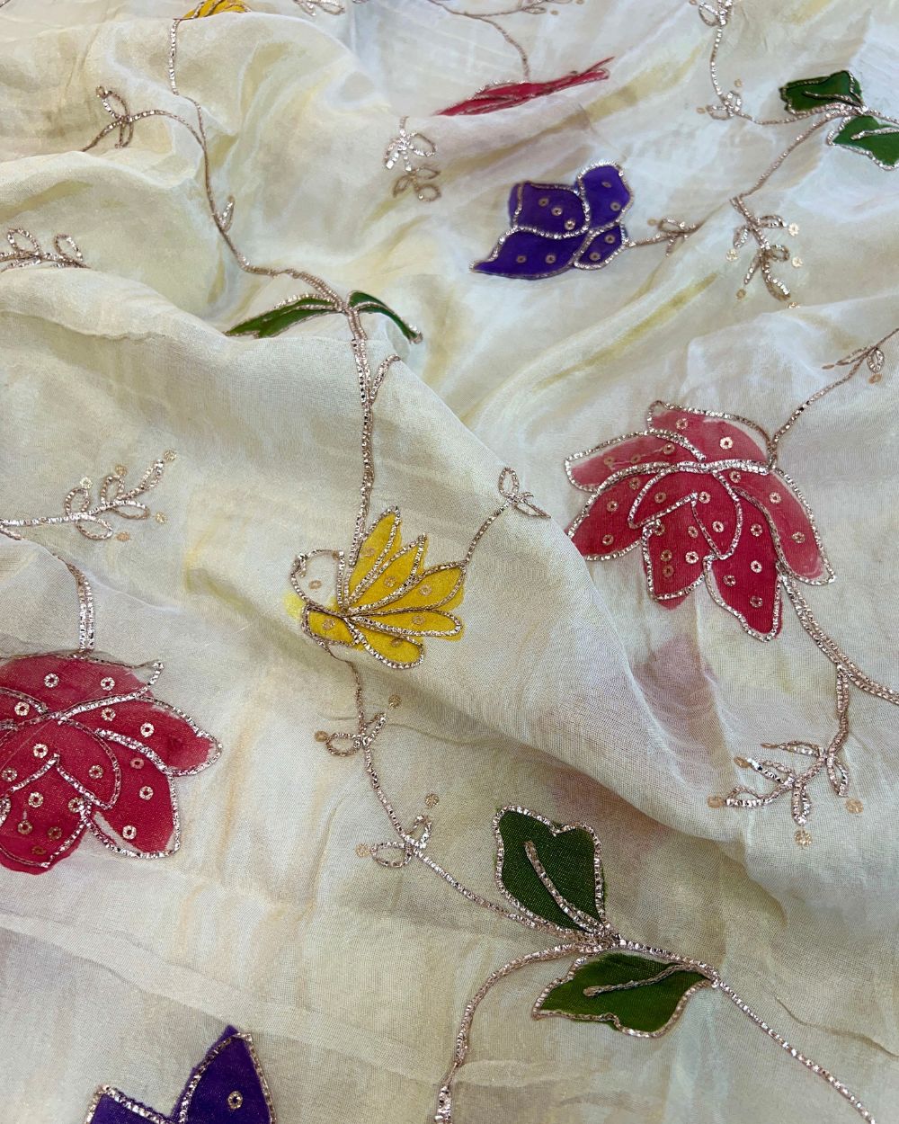 Cosmos Golden Colour fabric with Multicolor Floral Work 44 Inches Width