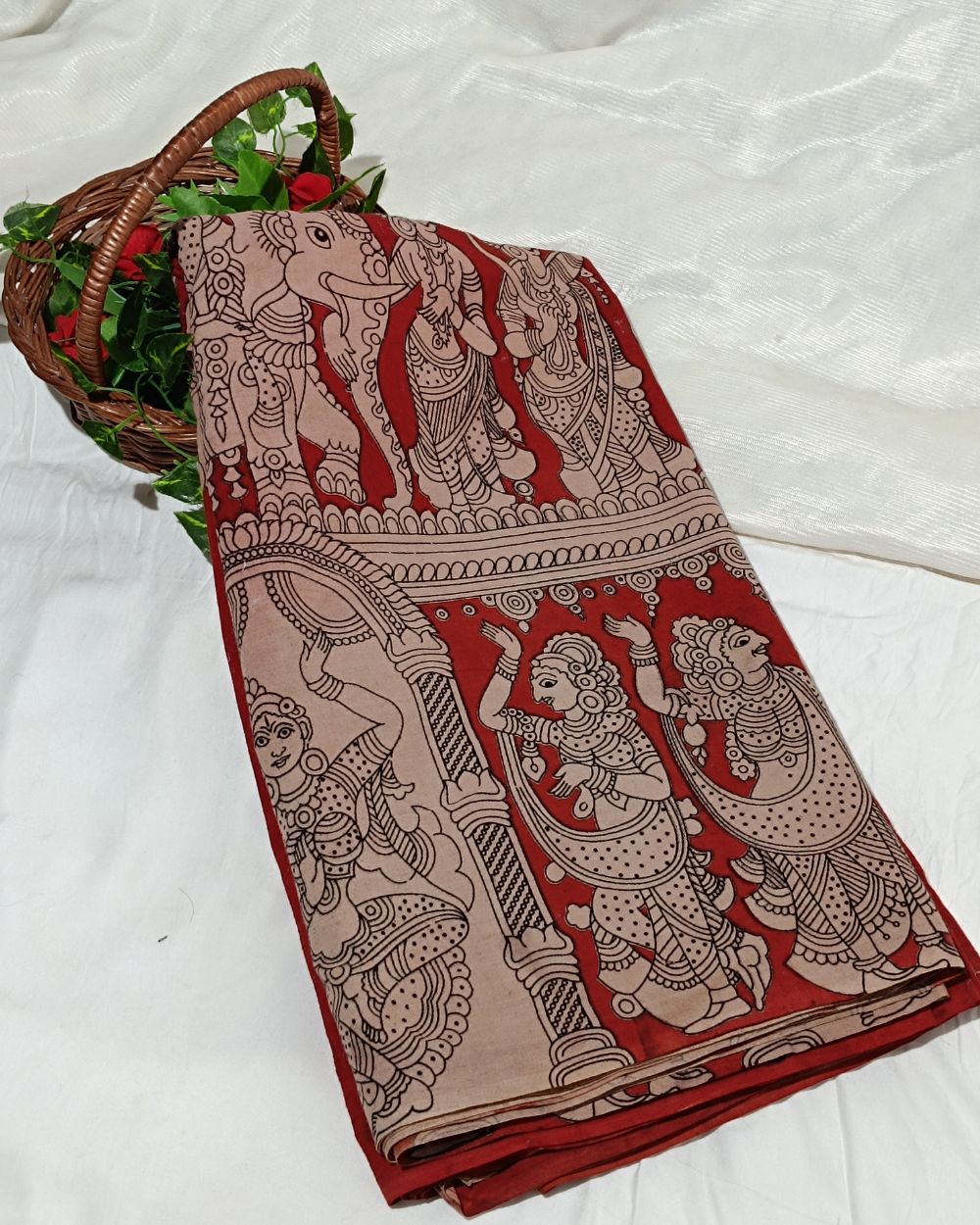 Hand Block Printed Cotton Kalamkari Red Colour 46 Inches Width