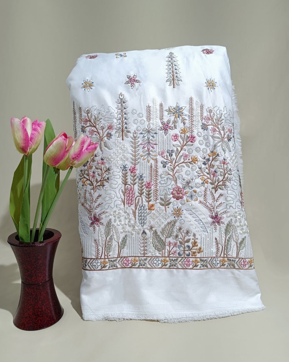 Malai Silk Work White Colour 56 Inches Width