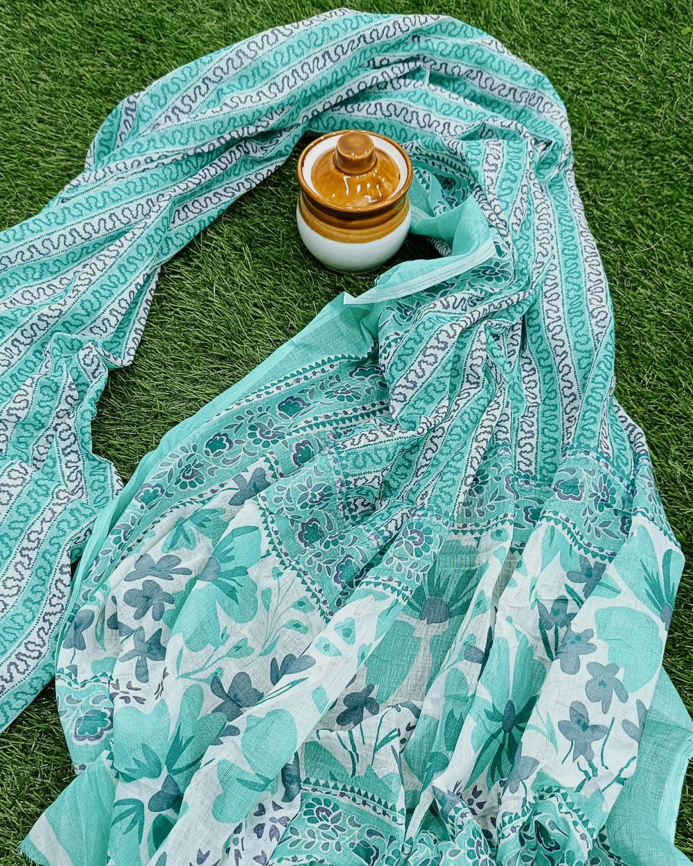 Printed Cotton Unstitched Top-Bottom Set with Dupatta Turquoise Colour 42  Inches Width