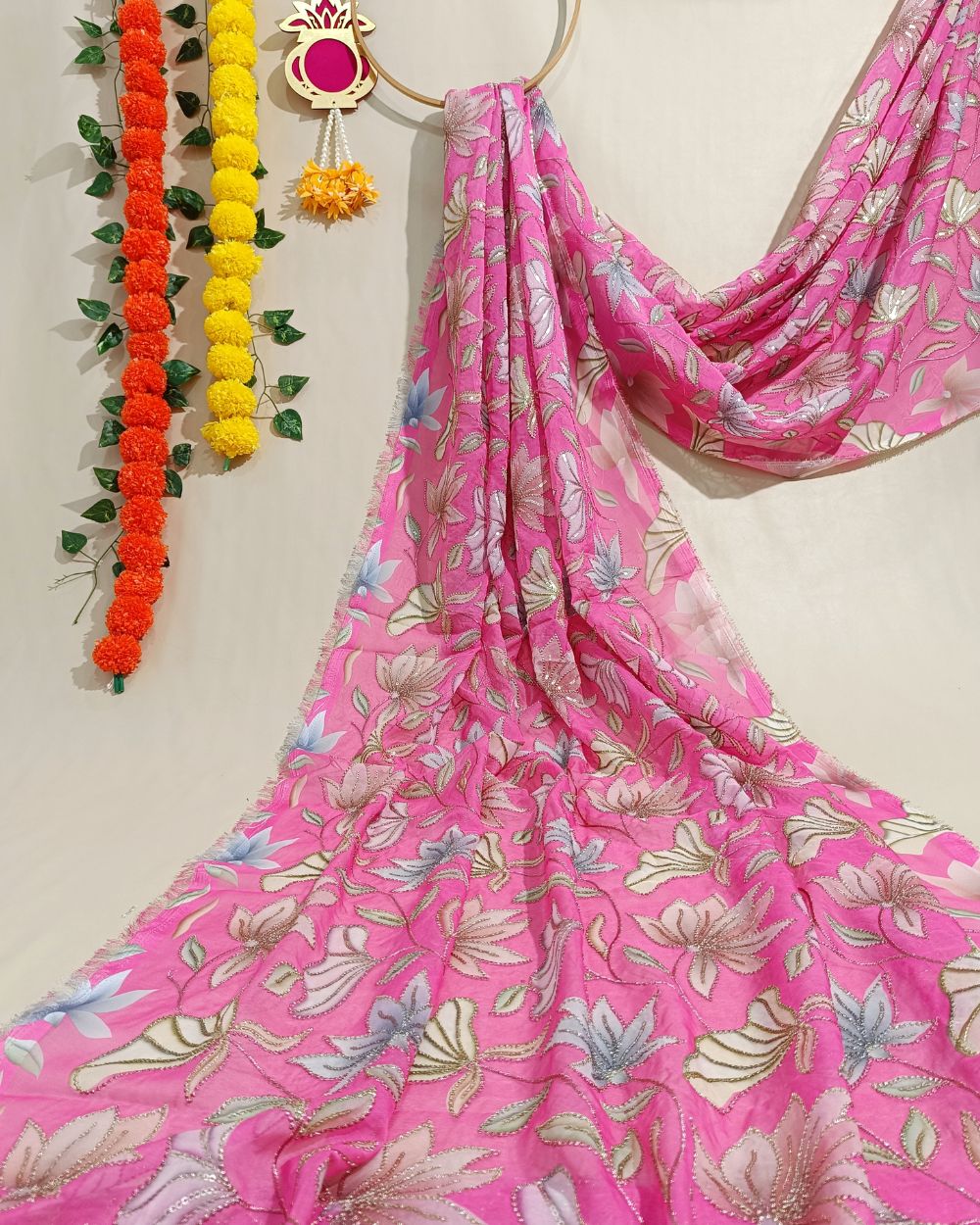 Premium Organza Work Pink Colour 44 Inches Width