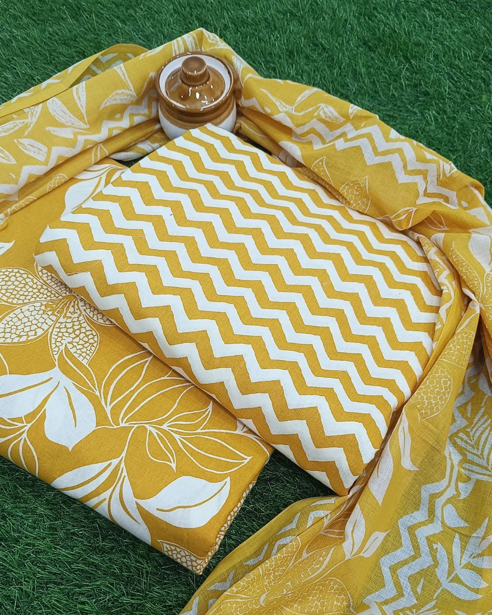 Printed Cotton Unstitched Top-Bottom Set with Dupatta Yellow Colour 42  Inches Width