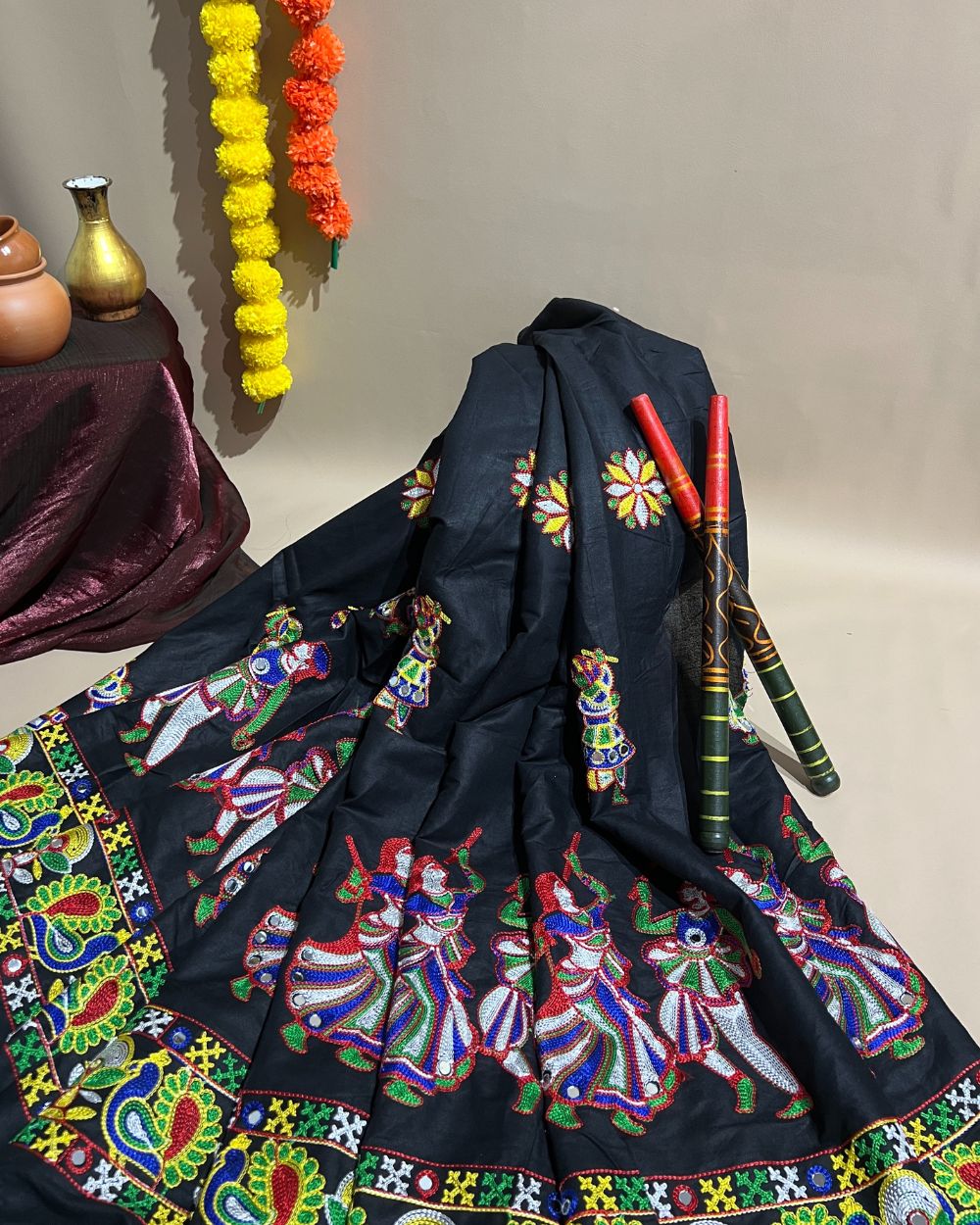 Rayon Gamthi(Rajasthani) Work Black (Multicolor) 45 Inches Width