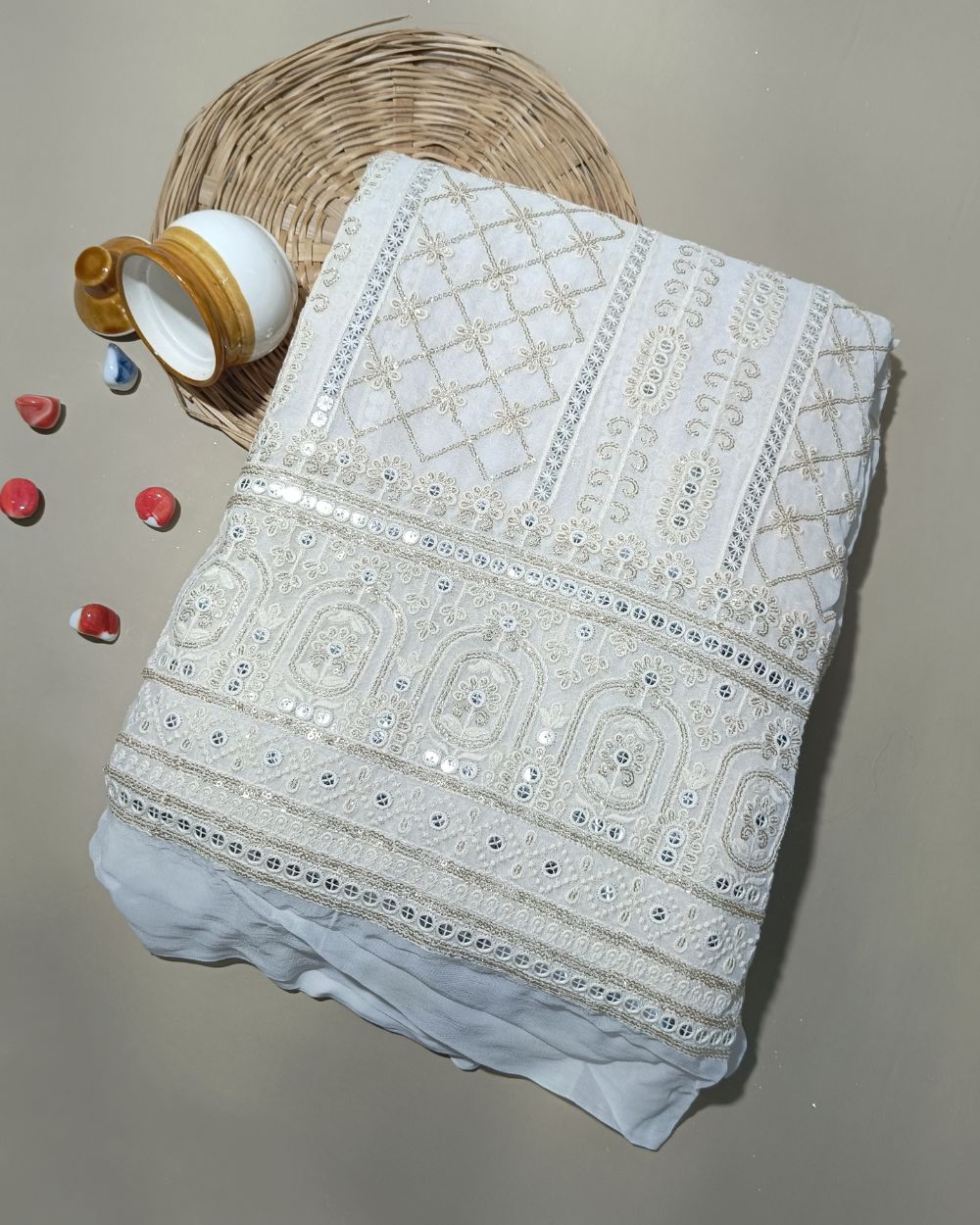 Dyeable Lucknowi Work with Border Viscose Georgette White Colour 54 inches width
