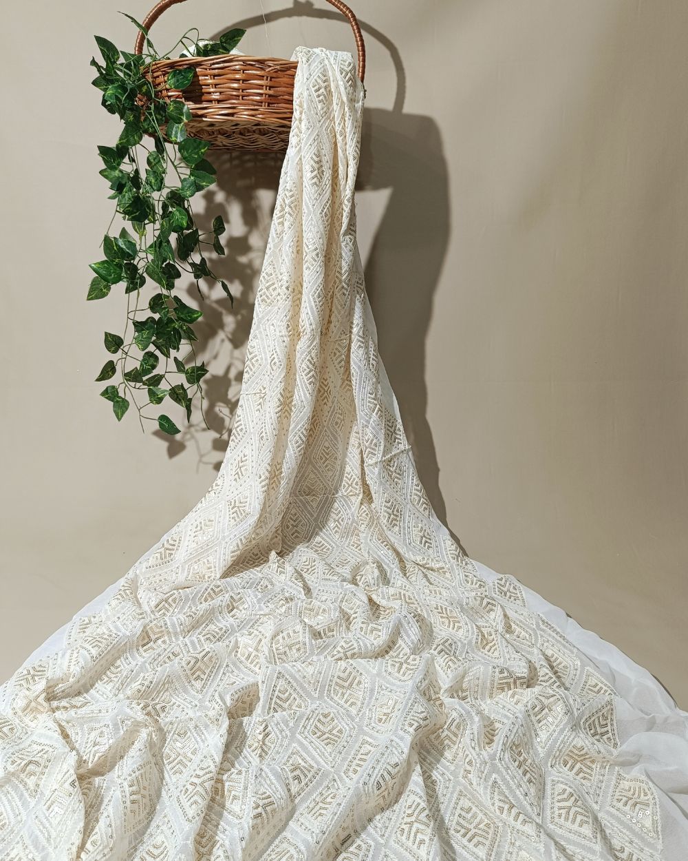 Dyeable Lucknowi Work Viscose Georgette White Colour 42 inches width