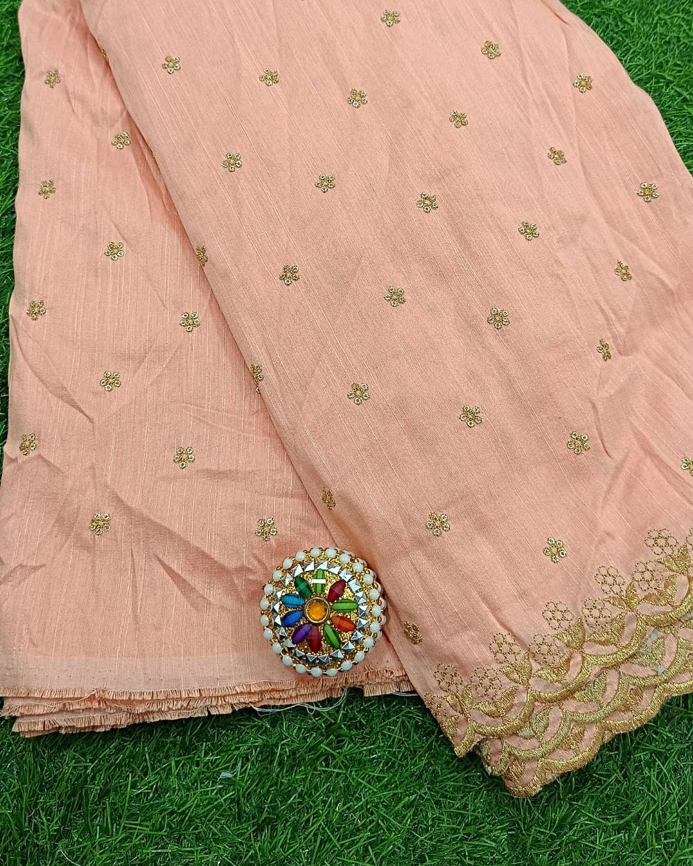 Mulberry Silk Work with Cutwork Border Light Peach Colour 42 Inches Width