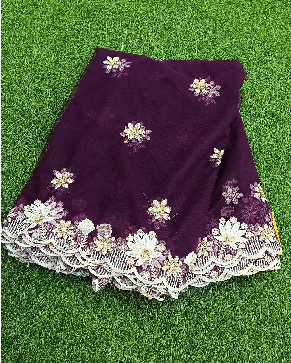 Net Work with Cutwork Border Dark Wine Colour 38 Inches Width