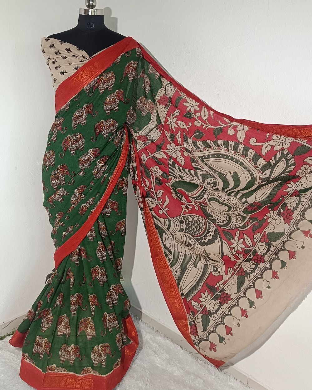 Hand Block Printed Cotton Kalamkari Saree with Blouse Piece Green Colour 46 Inches Width