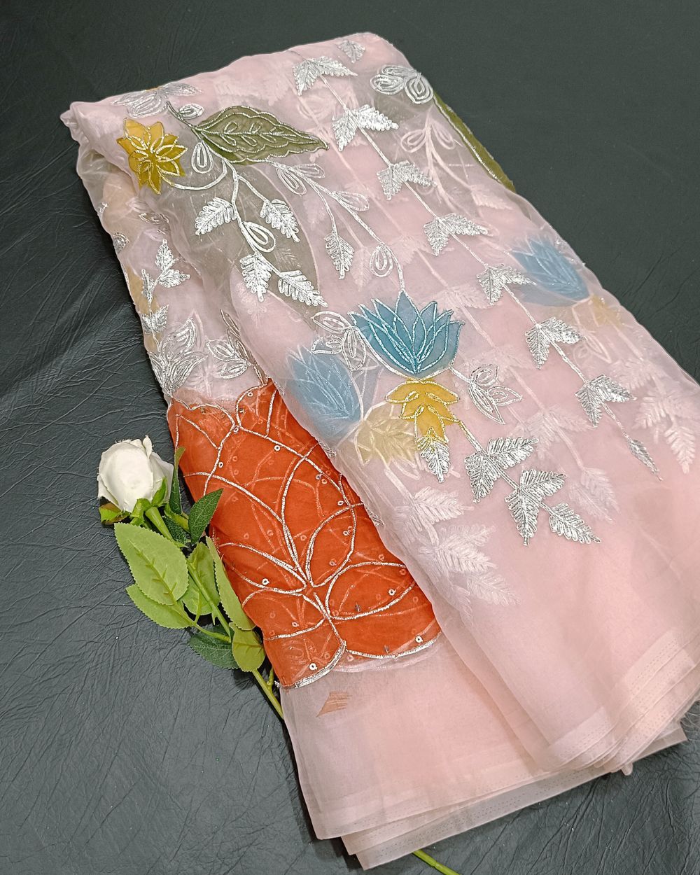 Organza Gotapatti Work Light Peach Colour 52 Inches Width