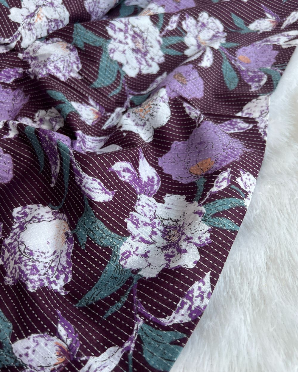 Printed Cotton Kantha Work Wine Colour 42 Inches Width