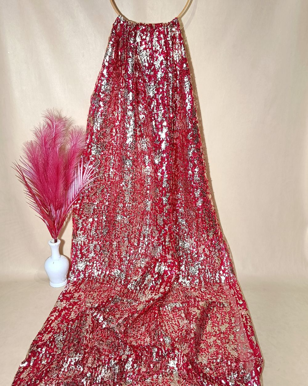 Net Sequins Work Raspberry Pink Colour 44 Inches Width