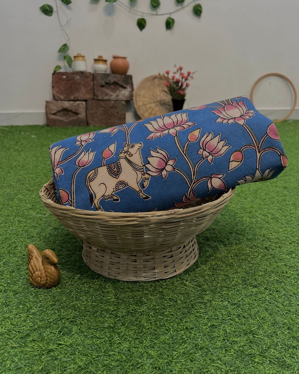 Hand Block Printed Cotton Kalamkari Blue Colour 47 Inches Width
