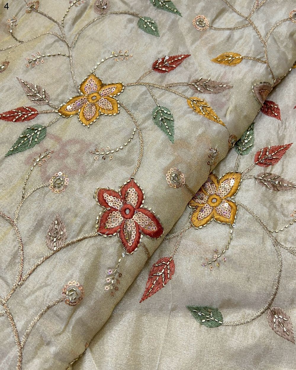 Cosmos Golden Colour fabric with Multicolor Floral Work 42 Inches Width