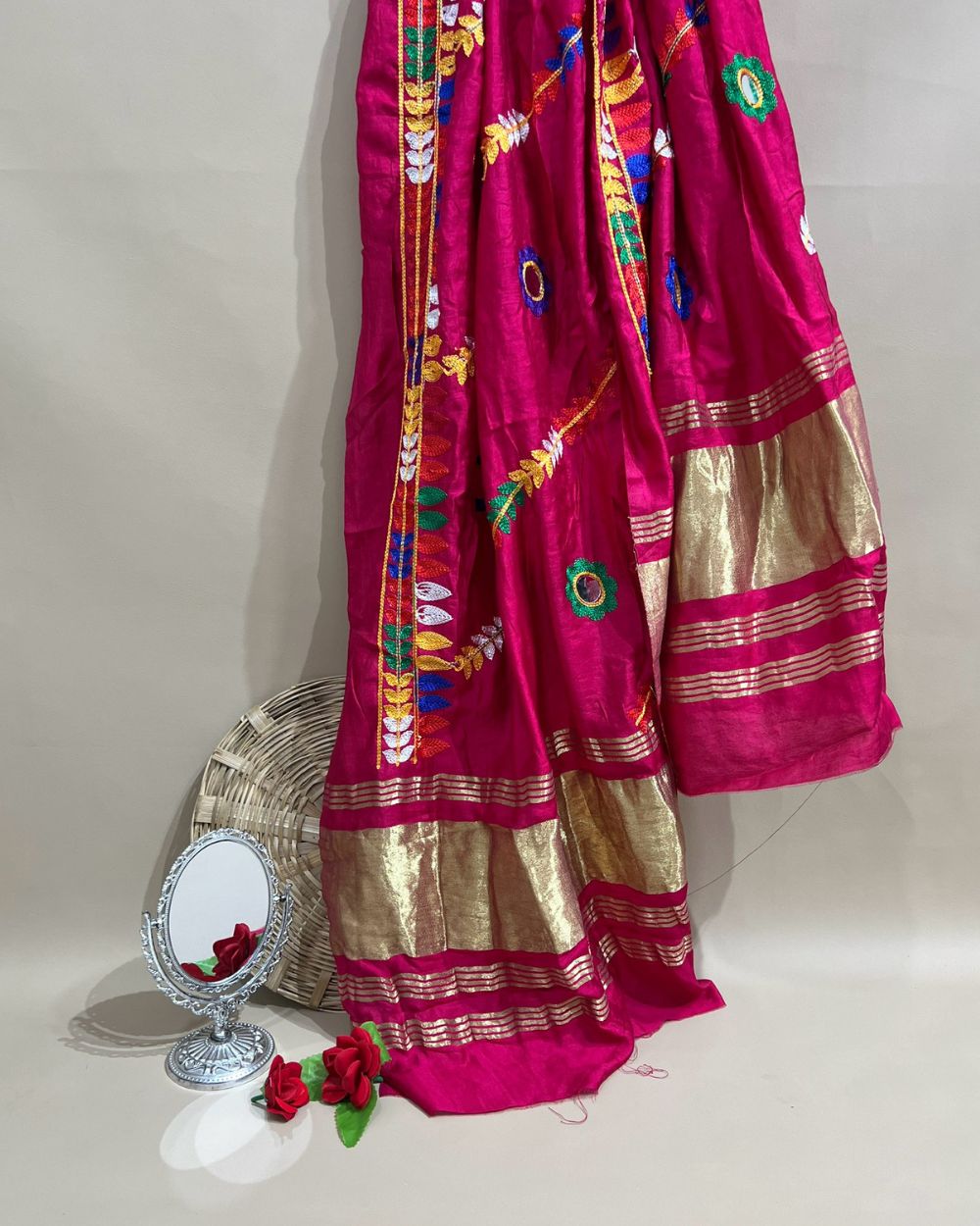 Abla Work Lagdi Patta Dupatta Art Silk Rani Pink Colour 40 Inches Width