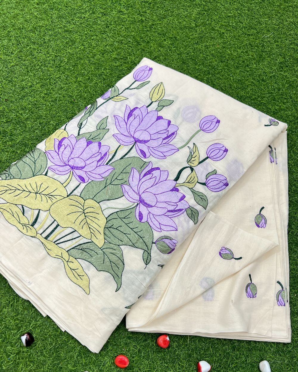 Kora Cotton Border Work Lavender Colour 45 Inches Width