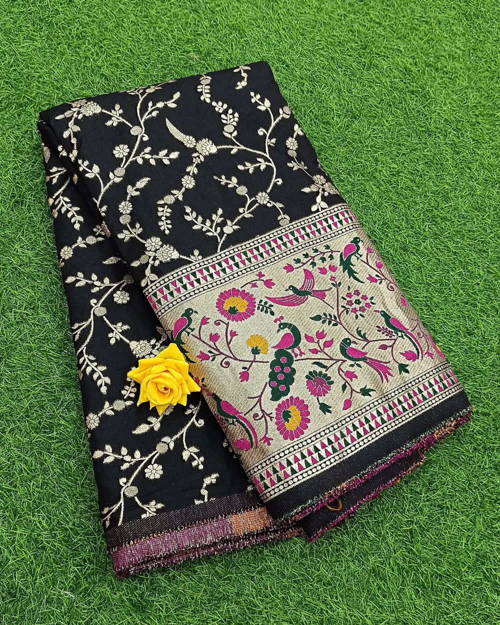 Chanderi Work with Paithani Border Black Colour 41 Inches Width