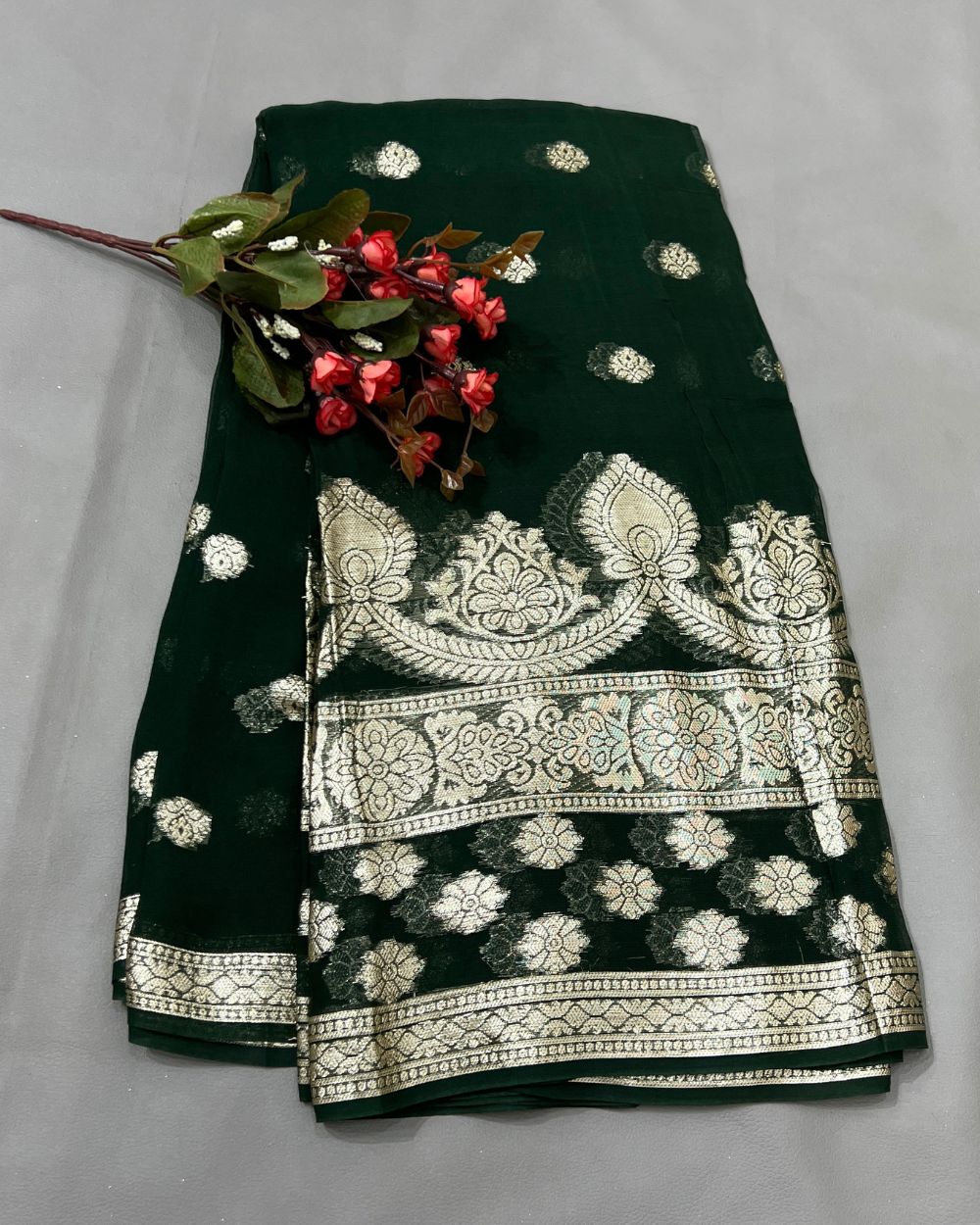 Pure Viscose Saree Without Blouse Bottle Green Colour