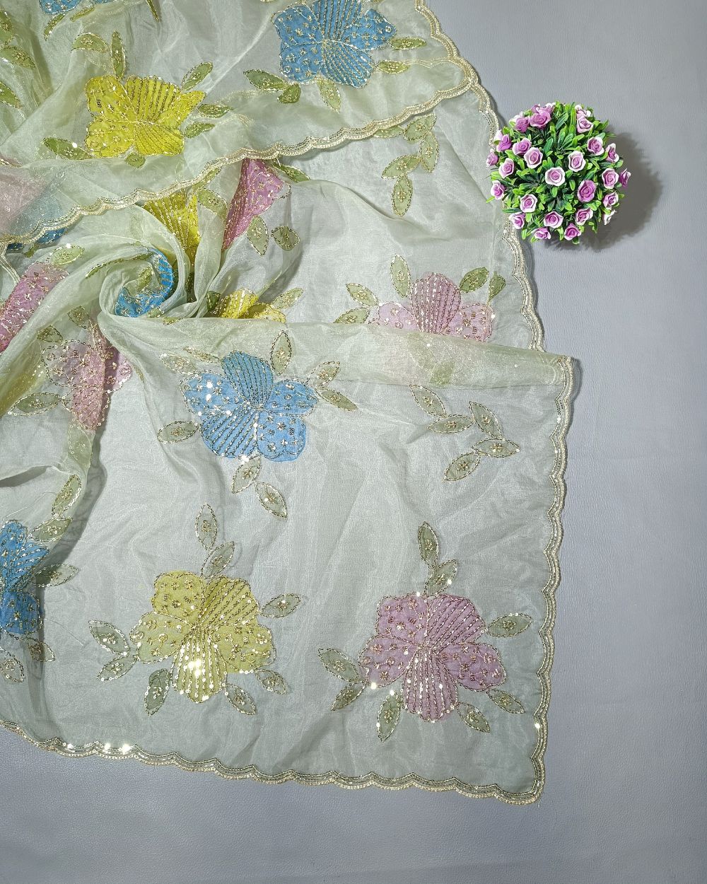 Premium Pure Soft Organza Work Dupatta Pastel Pista Colour 39 Inches Width