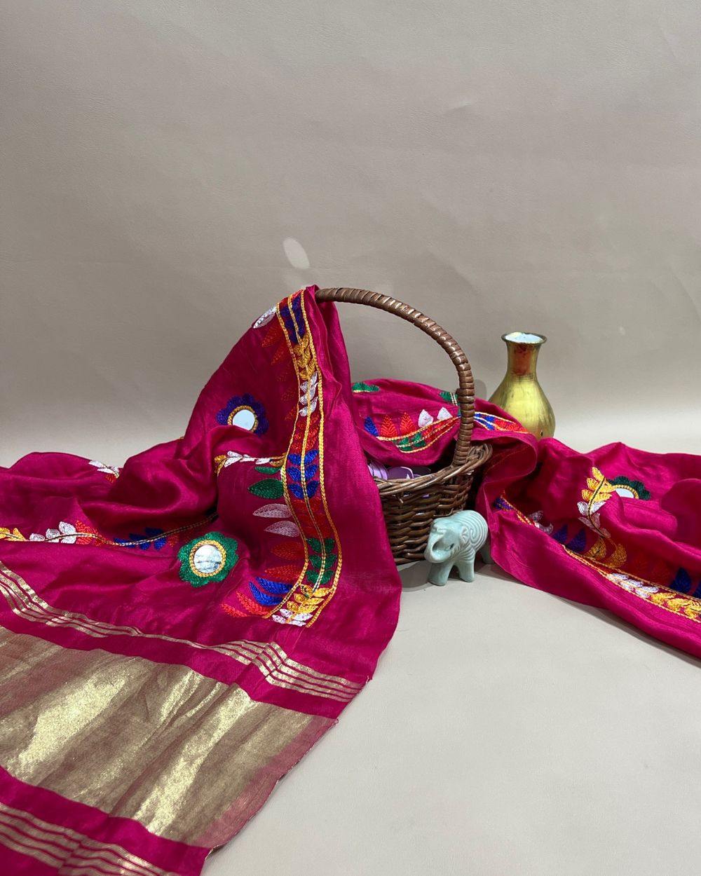 Abla Work Lagdi Patta Dupatta Art Silk Rani Pink Colour 40 Inches Width
