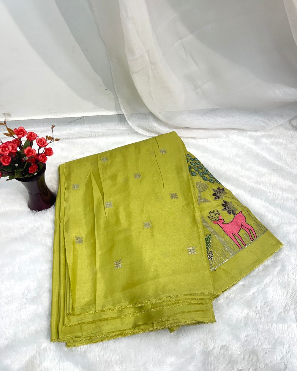 Cosmos Work Olive Green Colour 42 Inches Width