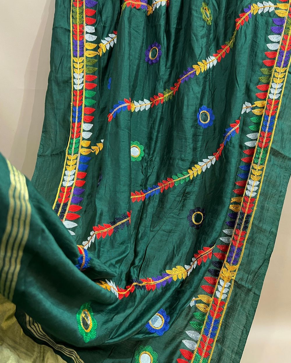 Abla Work Lagdi Patta Dupatta Art Silk Bottle Green Colour 40 Inches Width