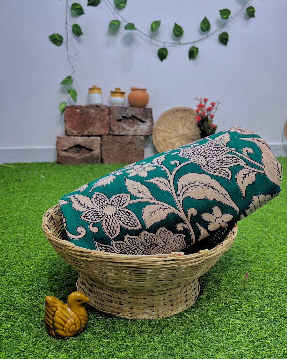 Hand Block Printed Cotton Kalamkari Turquoise Blue Colour 47 Inches Width