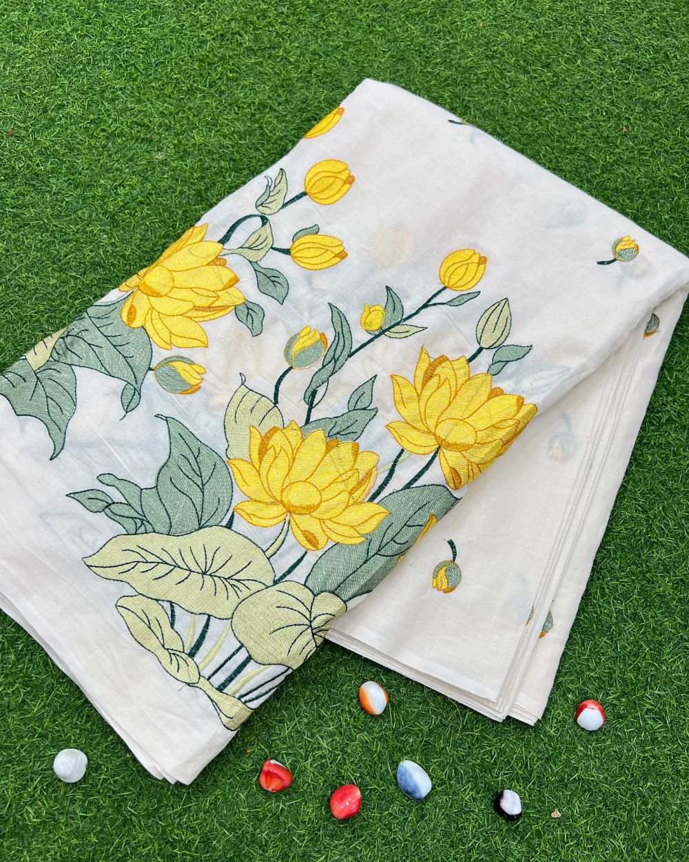 Kora Cotton Border Work Yellow Colour 45 Inches Width
