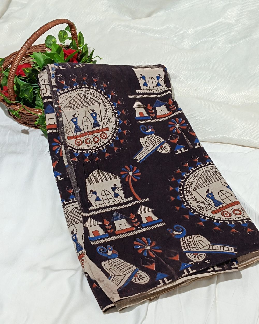 Hand Block Printed Cotton Kalamkari Black Colour 44 Inches Width